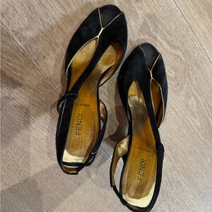 Fendi Black Suede Slingback Wedge Heels with Gold Trim – Size 38 (US 7.5–8)